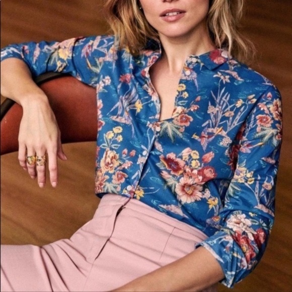 Sezane Tops - Sezane Pierro Blue and Orange Birds Shirt - Size 6